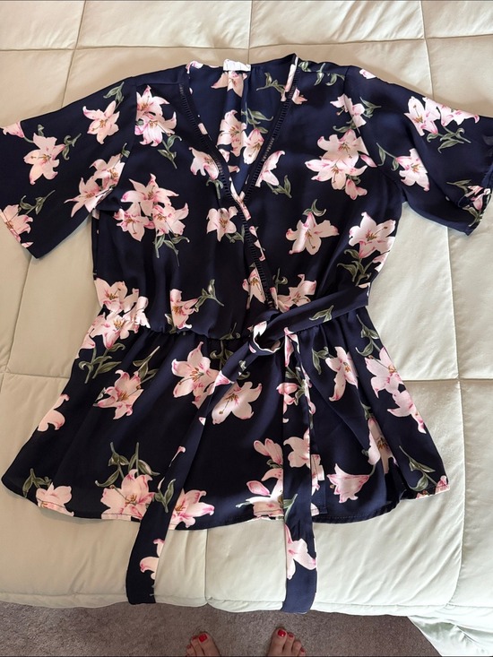 Sienna Sky Tops - #0187 - Sienna Sky Navy Wrap Tunic with Pink Floral Print - M